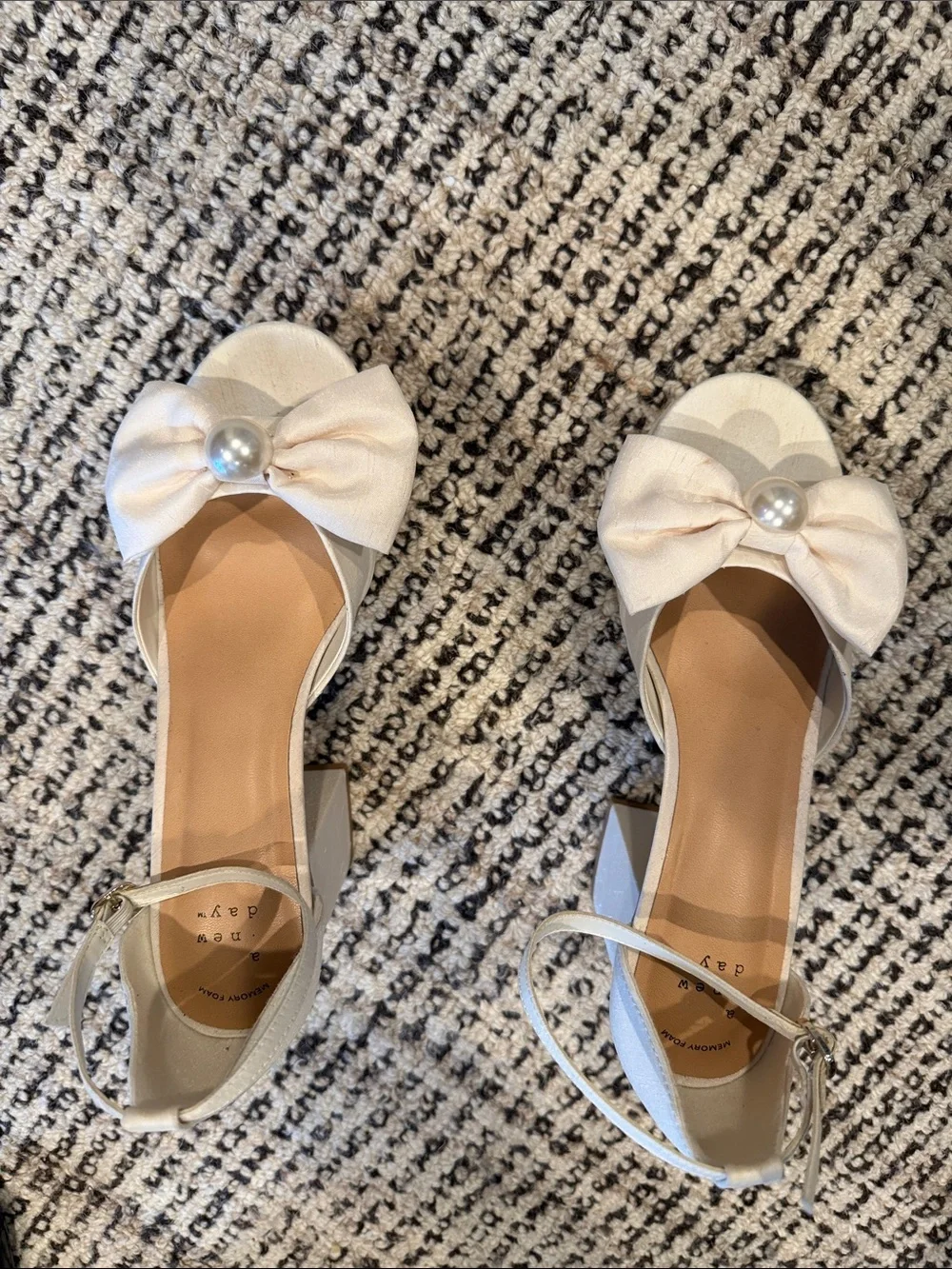 New Day Cream Bow Platform Sandals with Pearl Accent